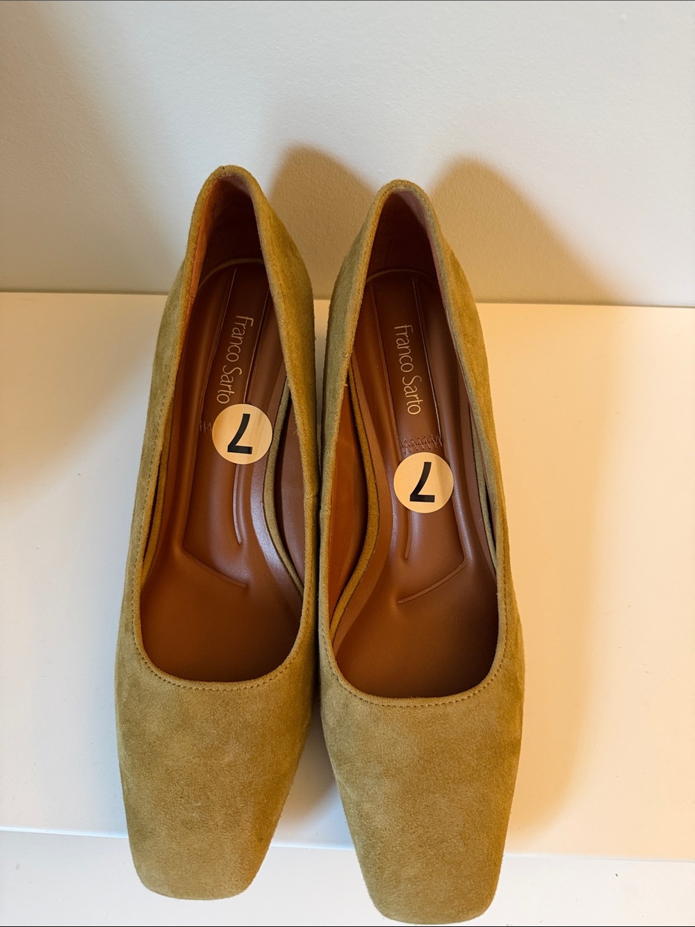 NWT Franco Sarto Salino Square Toe Pumps Mustard Brown Genuine Suede Size 7M - Picture 9 of 12